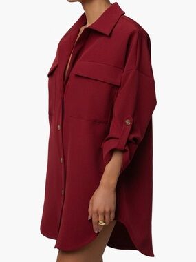 JLUXLABEL Women's Oversized Collared Shirt Dress in Burgundy with shoulder pads